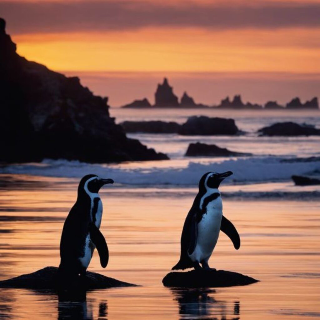 two Humboldt Penguins watching sunset together