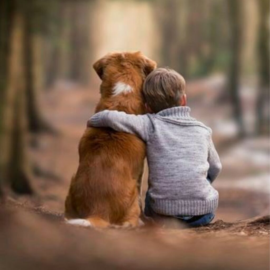 boy giving hug to his pet dog in forest